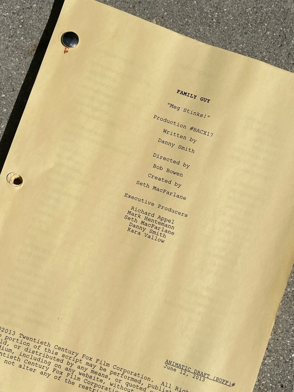 Family Guy 2013 Meg Stinks Episode Production Used Animatic Draft Script